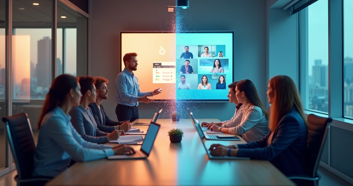 Ambiente corporativo mostrando treinamento presencial e online lado a lado 