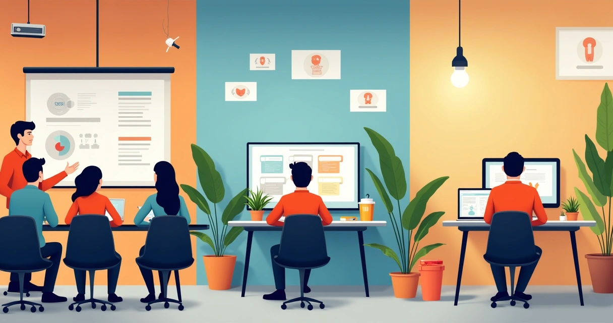 Três pessoas participando de treinamento, uma em aula presencial, outra usando computador e outra em ambiente externo com tablet 