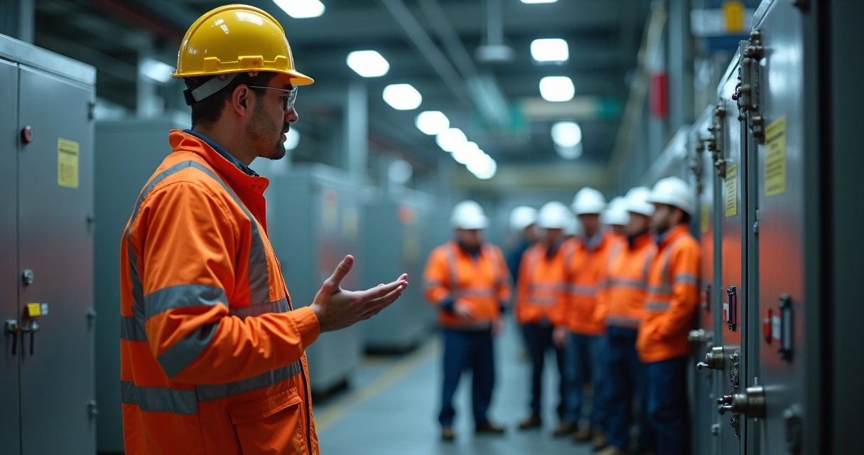Instrutor demonstra prática de segurança para grupo de trabalhadores em ambiente industrial