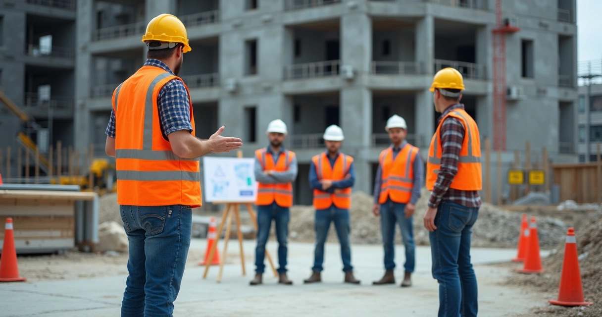 Instrutor orientando trabalhadores em treinamento de segurança no canteiro de obras
