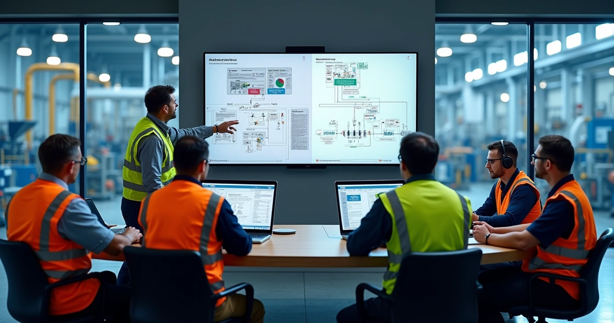 Equipe de manutenção dividida entre treinamento presencial em sala e plataforma online em laptops 