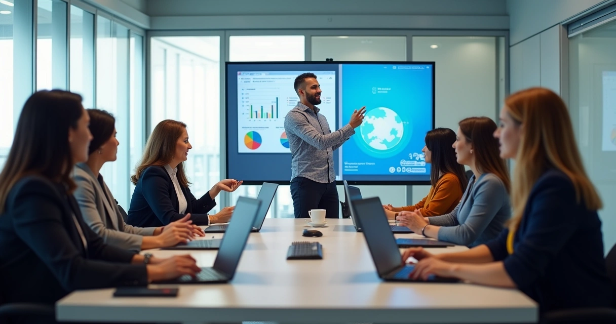 Equipe de vendas em treinamento presencial em sala moderna e vendedores participando de curso online em laptops 