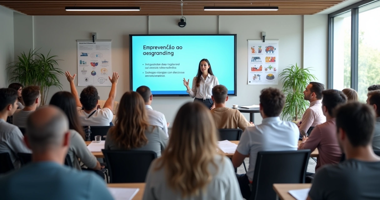 Instrutor apresentando treinamento sobre prevenção de assédio para grupo de funcionários 
