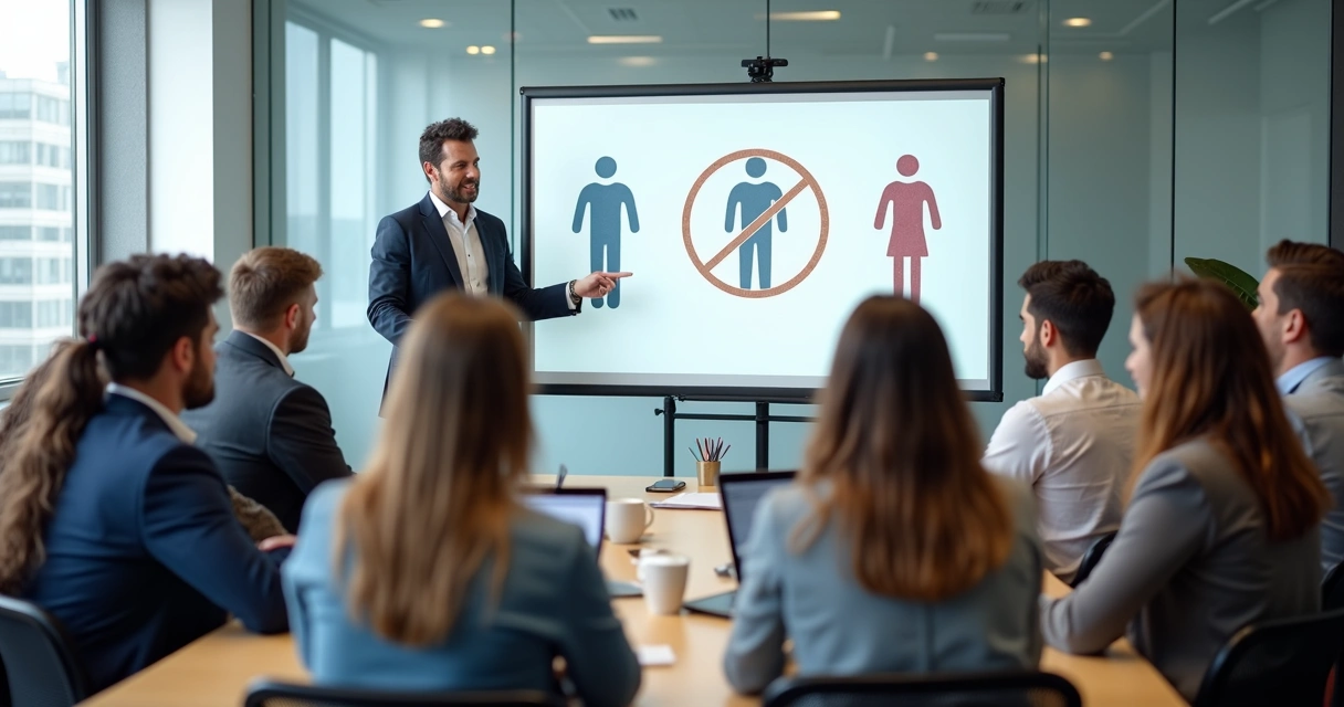 Treinamento corporativo de prevenção ao assédio com funcionários atentos à palestra 