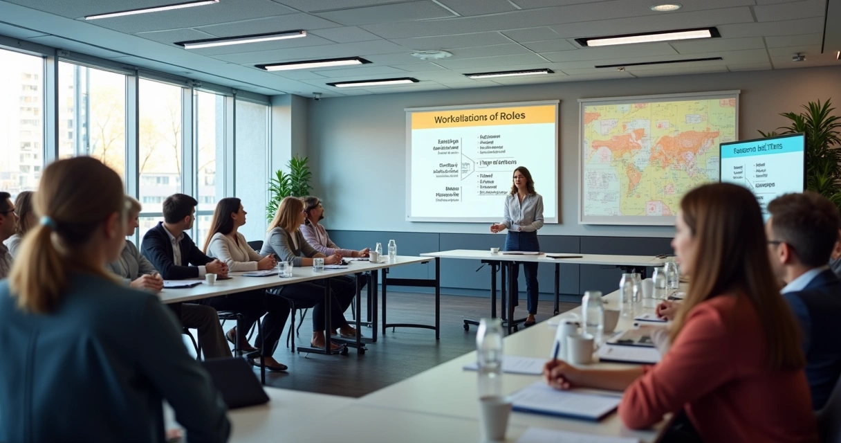 Treinamento corporativo sobre prevenção de riscos psicossociais com equipe atenta 