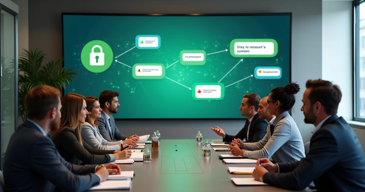 Equipe de vendas em treinamento sobre privacidade e dados 