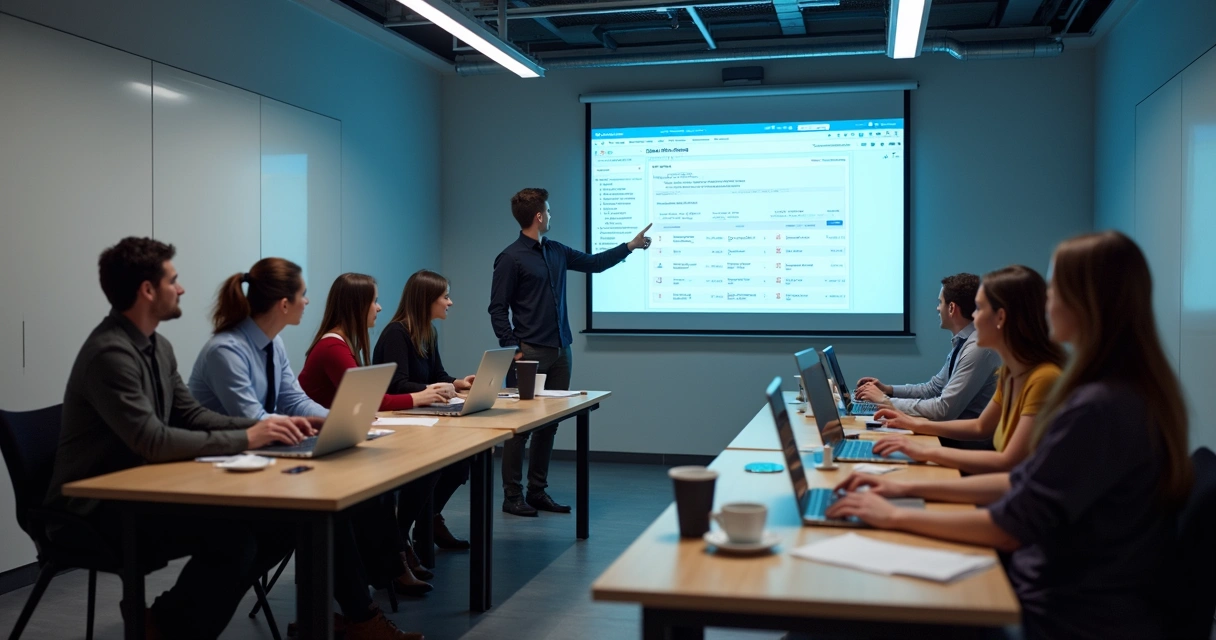 Practical training of the team in a room with computers and a projector showing CRM screen