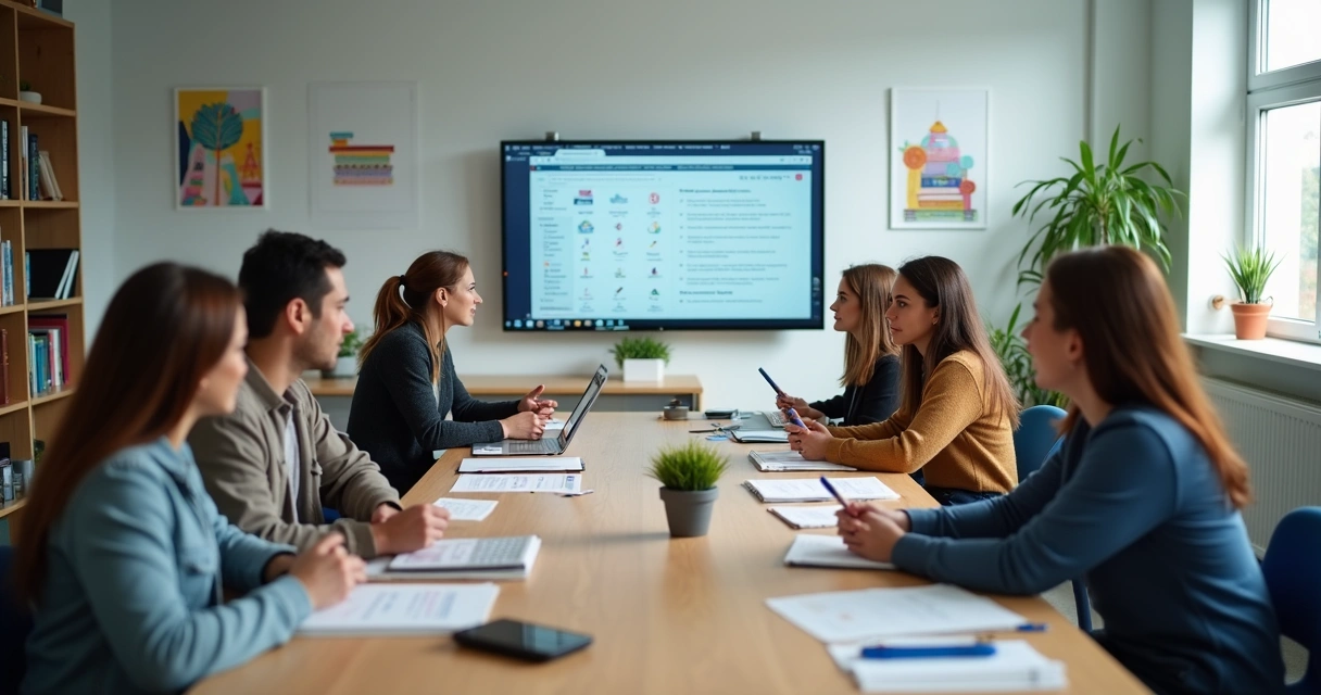Professores reunidos em sala de aula participando de treinamento 