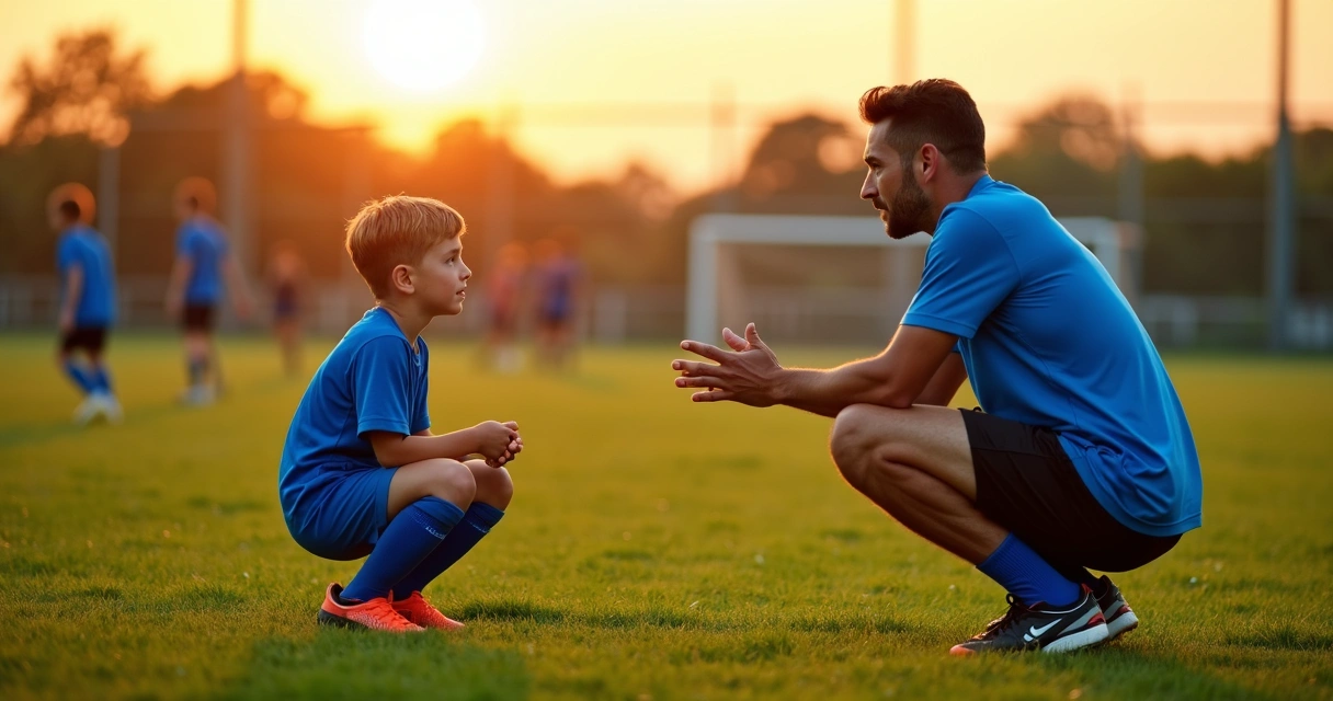 Treinador e jovem atleta conversando no campo de futebol