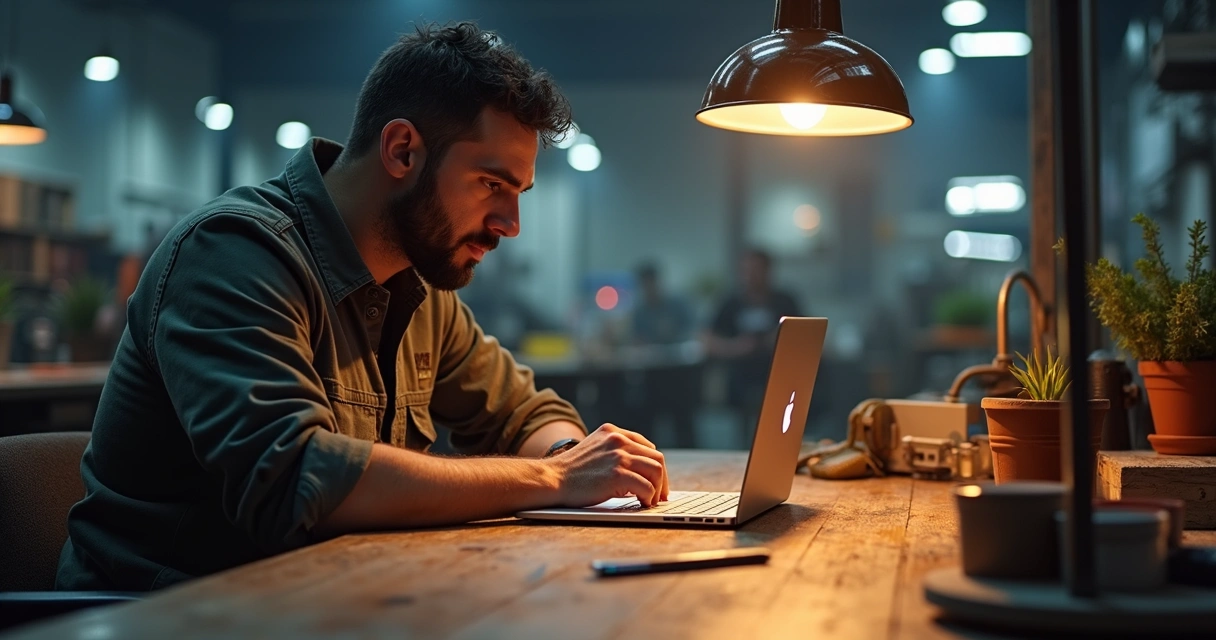 Profissional assistindo aula de automação em notebook com ferramentas ao lado 