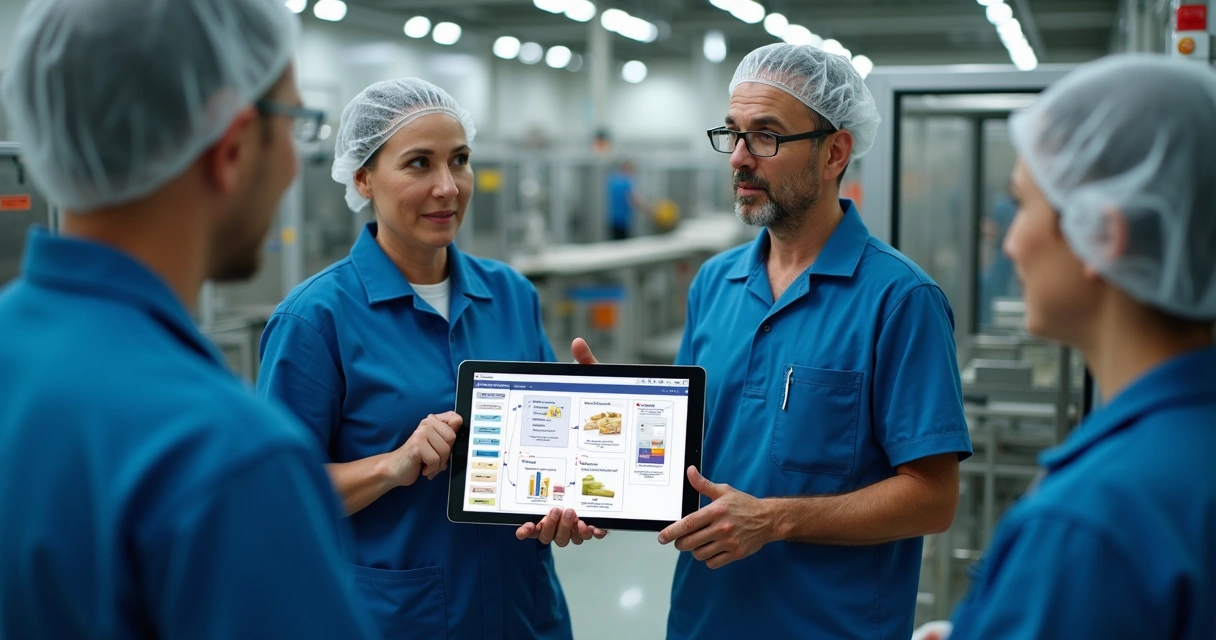 Treinamento de funcionários na fábrica visualizando procedimento digital de rastreamento em tablet 