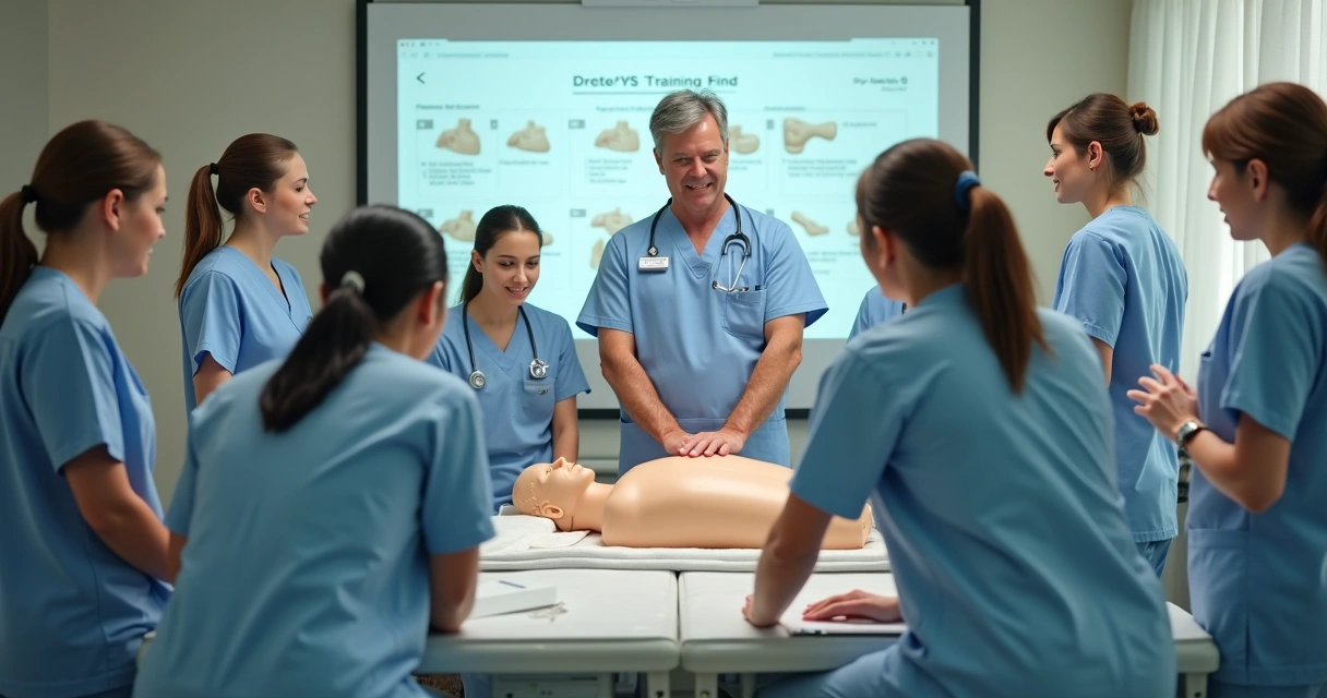 Treinamento presencial de RCP com equipe médica
