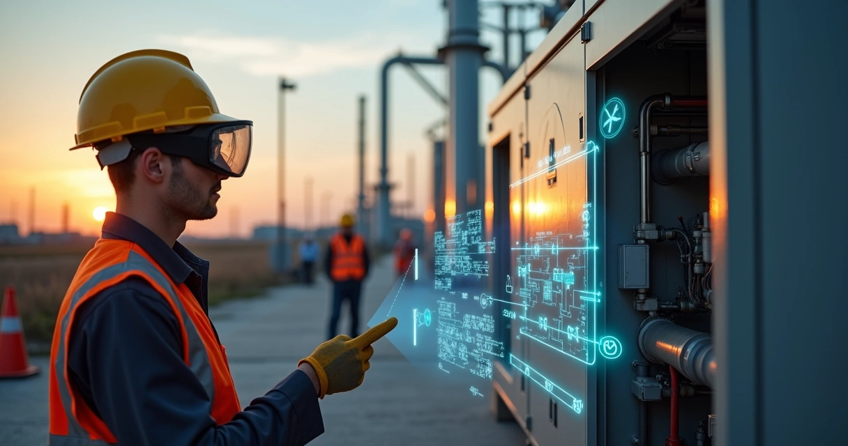 Técnico com capacete de segurança e óculos de realidade aumentada usando instruções virtuais em área industrial 