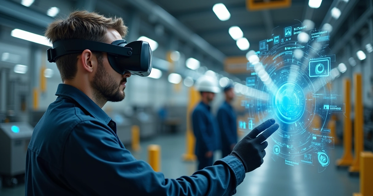 Profissional treinando com óculos de realidade virtual na indústria 