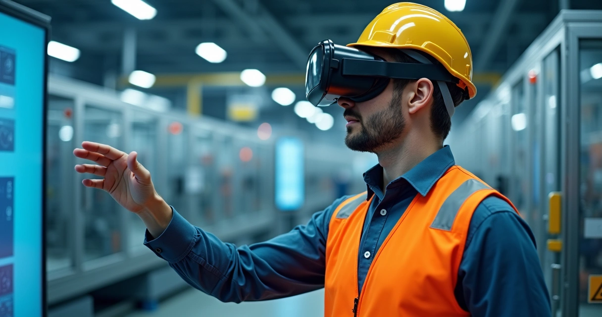 Funcionário realizando treinamento de segurança com óculos de realidade virtual em ambiente industrial 