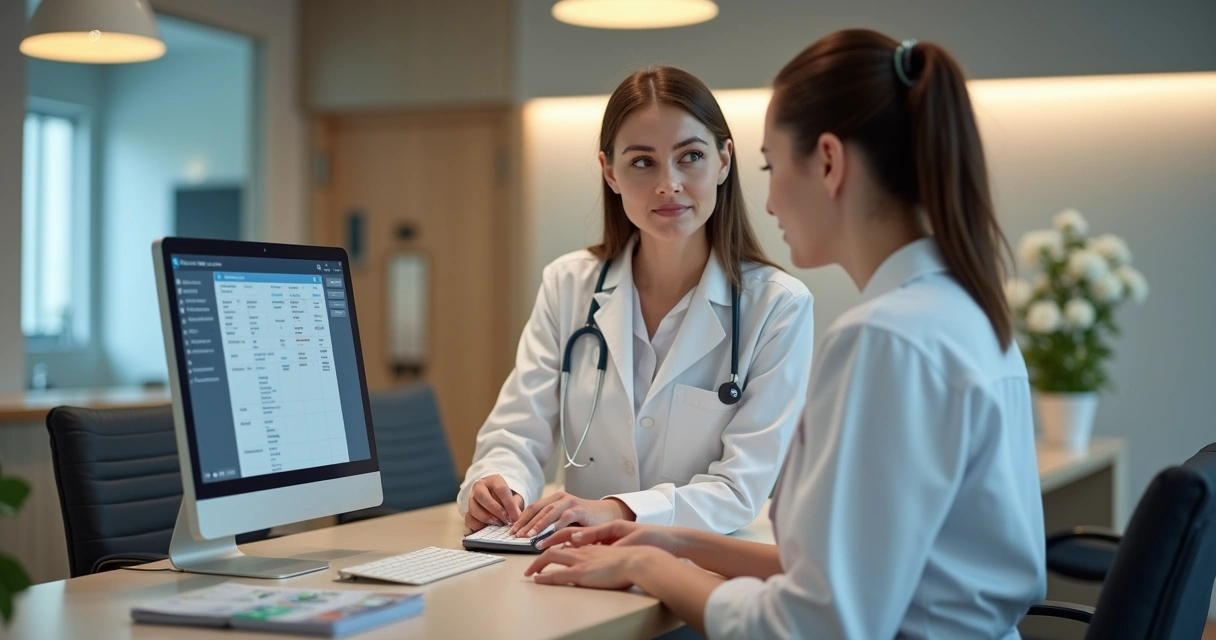 Recepcionista de clínica odontológica em treinamento, acompanhada por gestor 