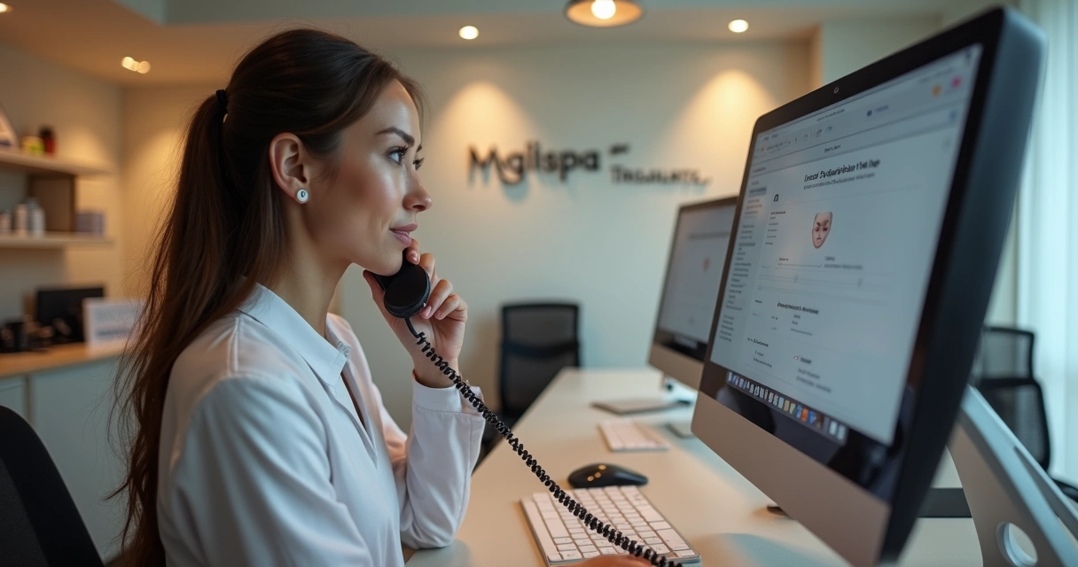 Recepcionista em atendimento treinando qualificação de lead em clínica moderna, telefone e ficha na mesa 