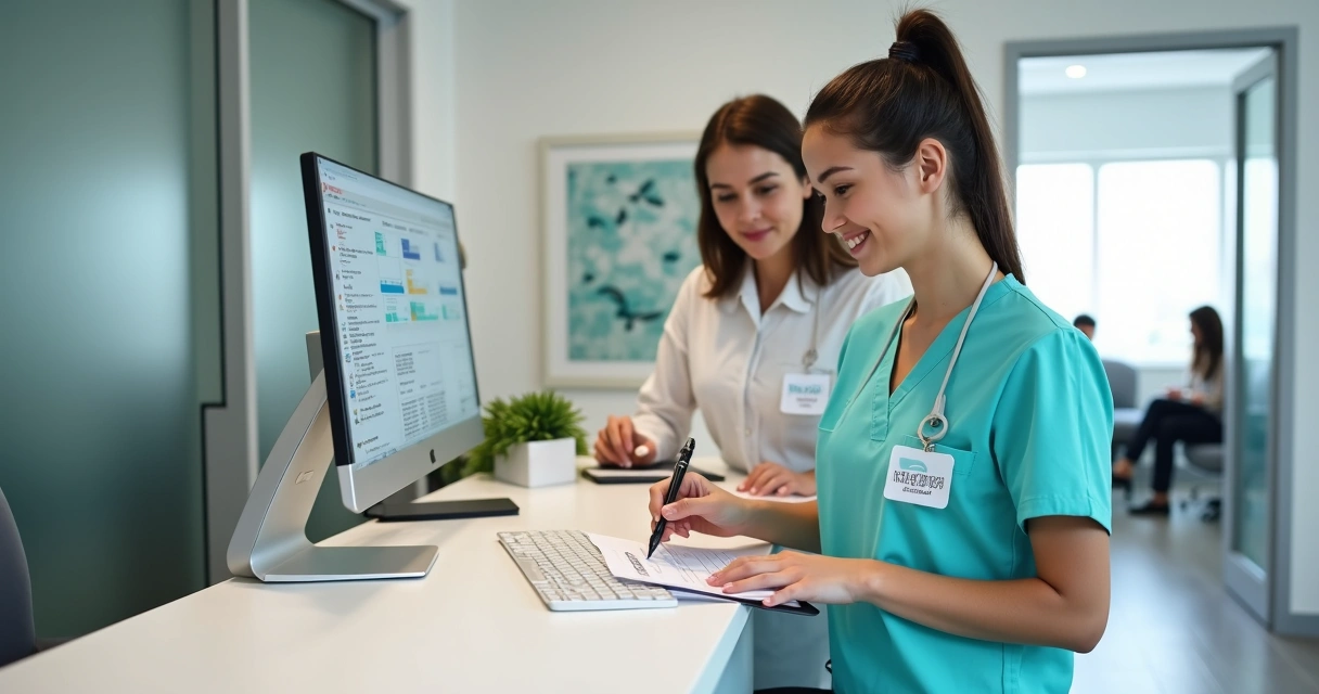 Treinadora orienta nova recepcionista em clínica odontológica moderna diante de checklist impresso 