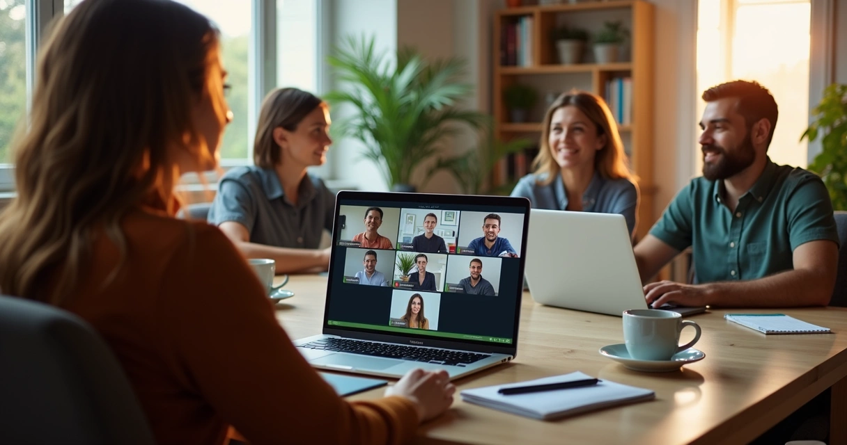 Equipe de colaboradores participando de treinamento online interativo 