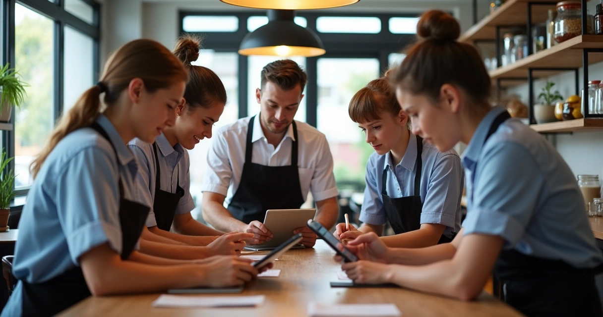 Equipe de restaurante fazendo treinamento rápido com tablets
