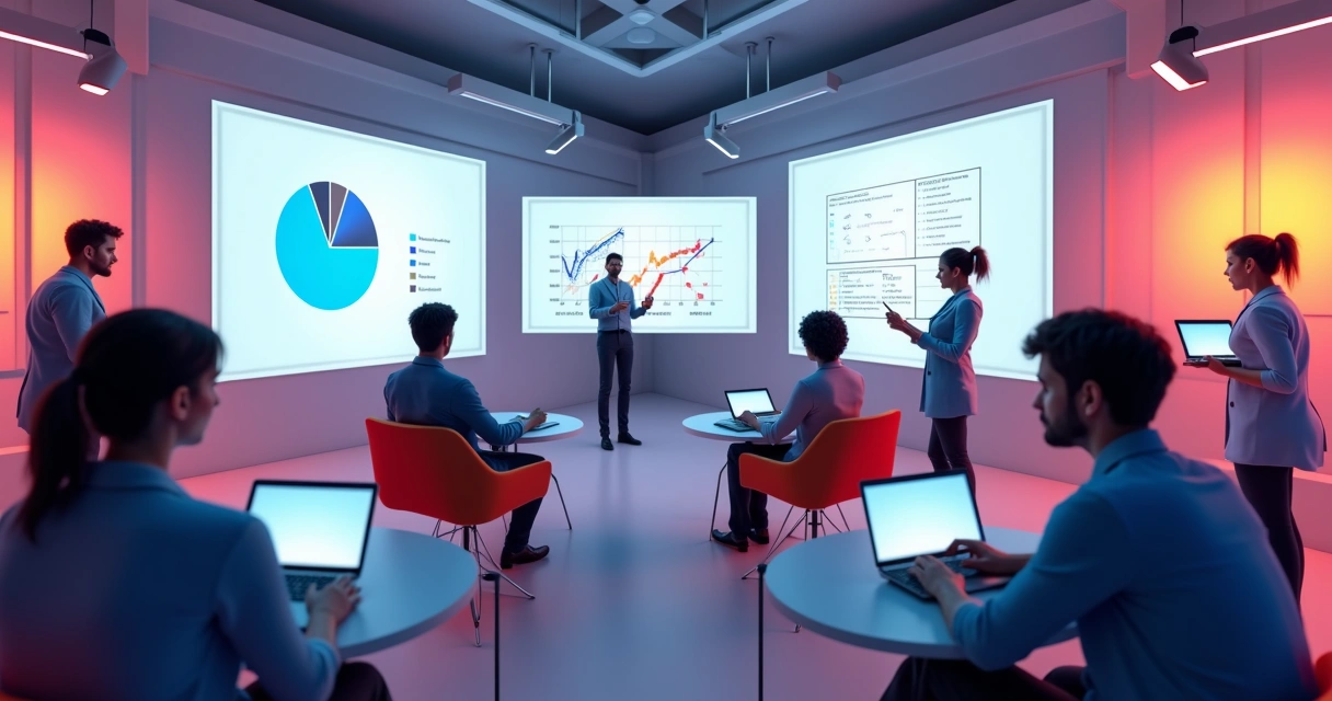 Sala de treinamento digital para revendedores, com telas e gráficos educacionais. 