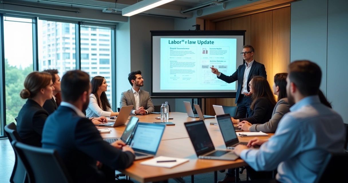Equipe de RH participando de treinamento de atualização em sala de conferências ampla e moderna 