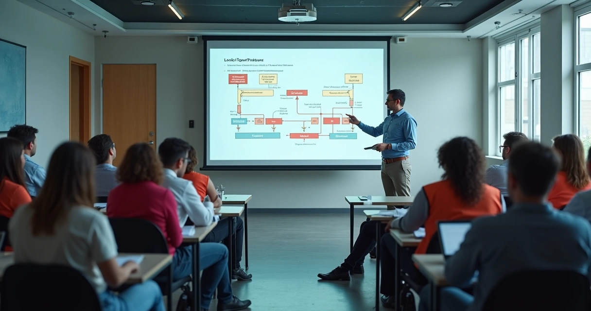 Gestor de RH orientando equipe sobre procedimento loto em sala de treinamento 