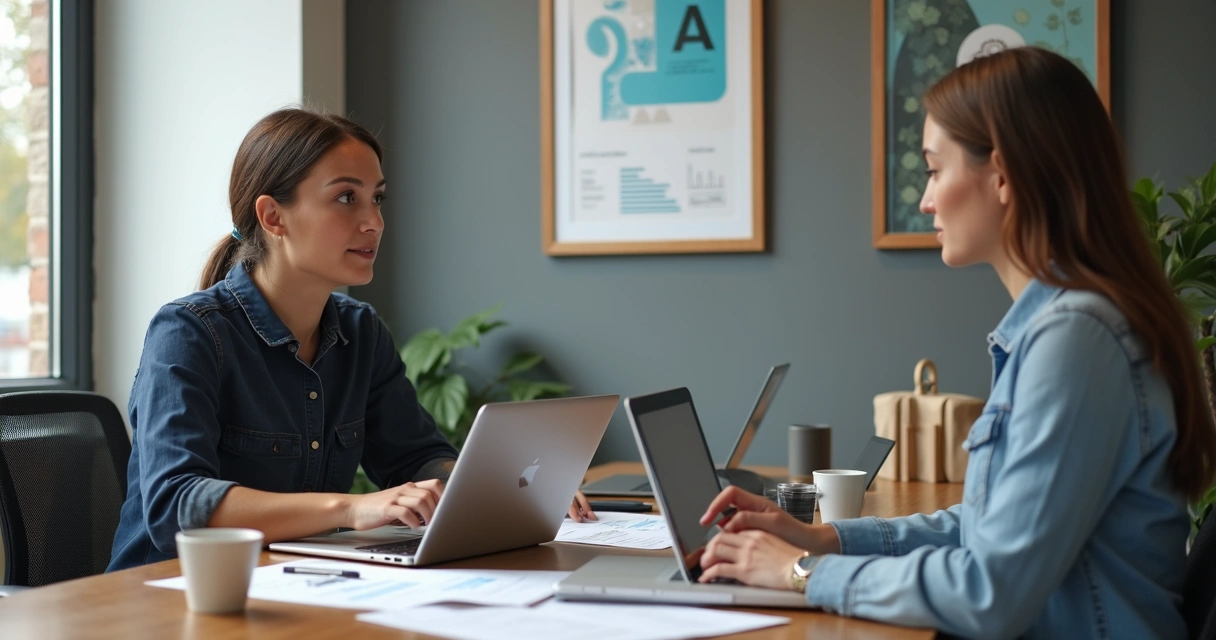 Dois vendedores realizando role play em agência digital, usando notebooks e anotações à mesa.
