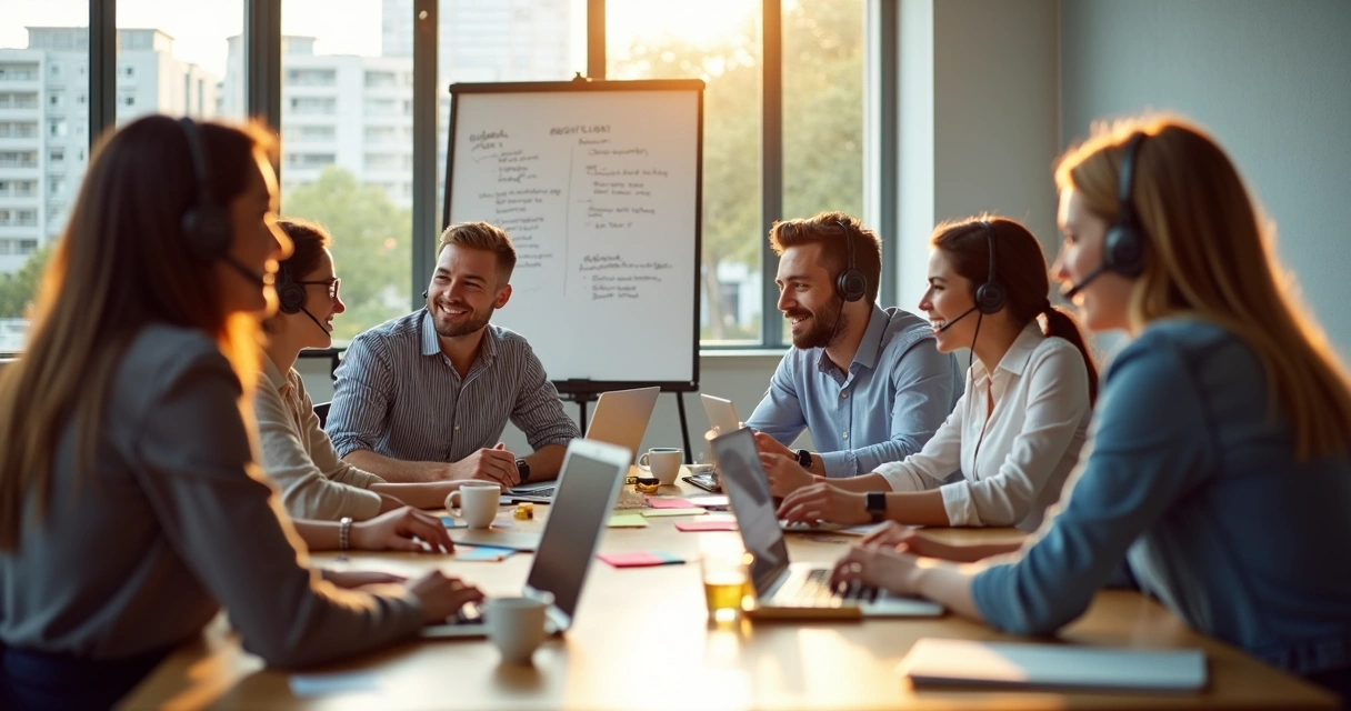 Equipe de vendas treinando roteiro por telefone 