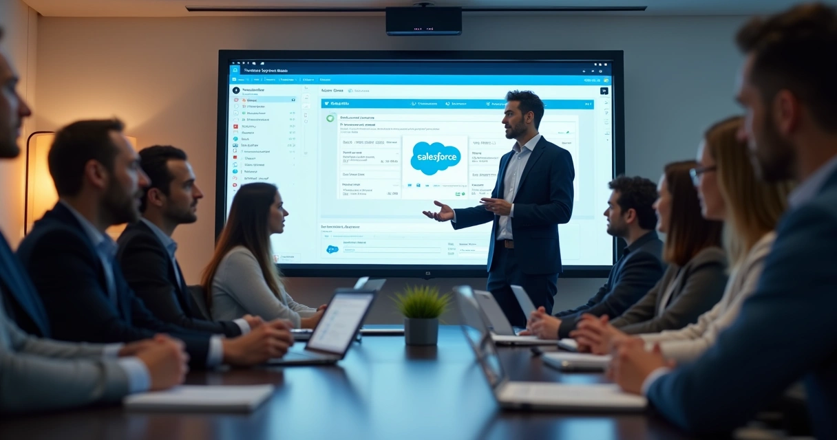 Equipe participando de treinamento presencial de Salesforce com instrutor à frente 
