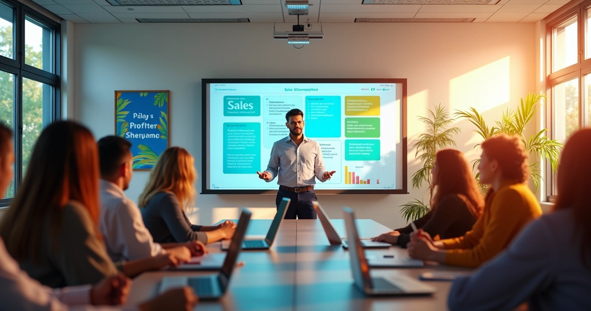 Treinamento de equipe SDR com instrutor e apresentação 