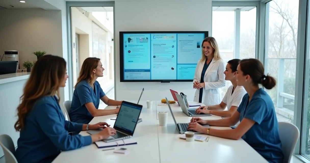 Secretária médica em treinamento com equipe, computadores e apresentações em sala de reunião 