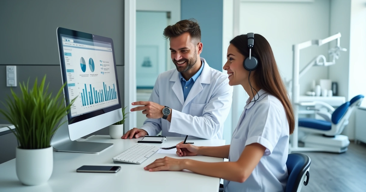 Secretária de clínica odontológica em treinamento online ao lado do dentista 