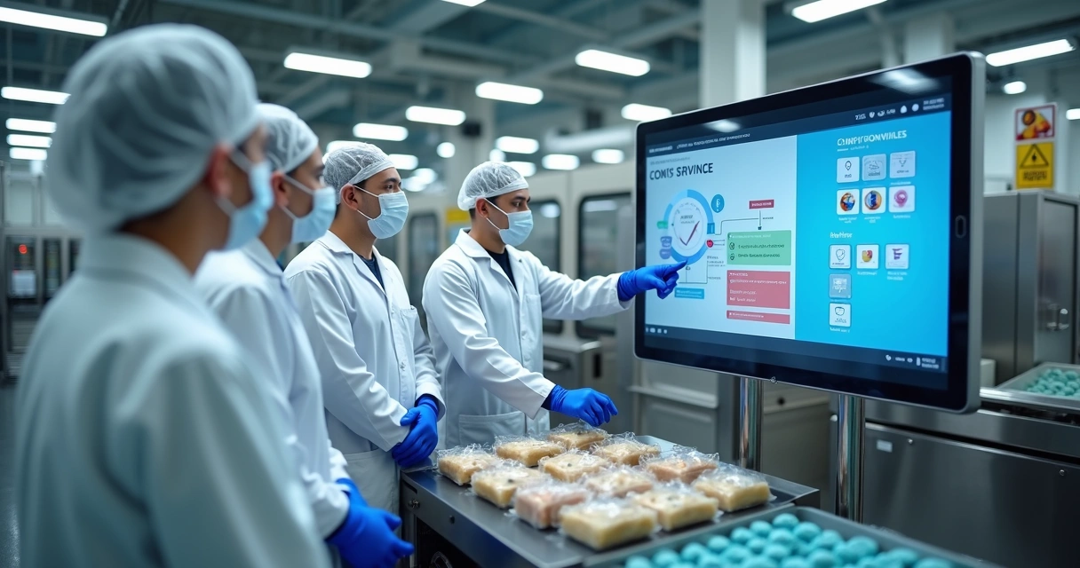 Equipe de produção em indústria de alimentos recebendo treinamento de segurança alimentar diante de uma tela com checklist 