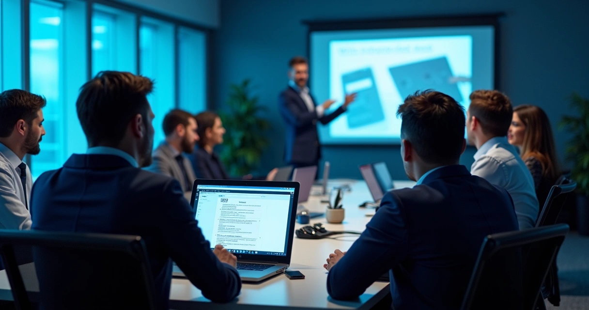 Sala de treinamento de segurança com executivos atentos 