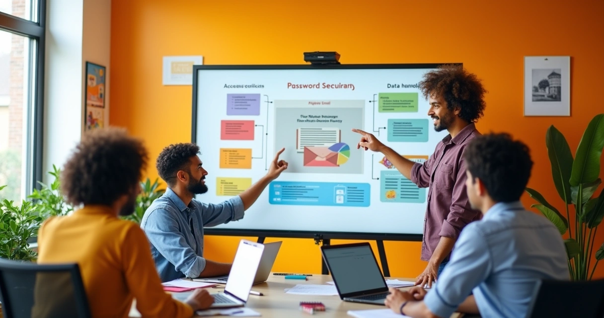 Equipe em treinamento sobre segurança de dados em um escritório moderno, com discussões e posters motivacionais.
