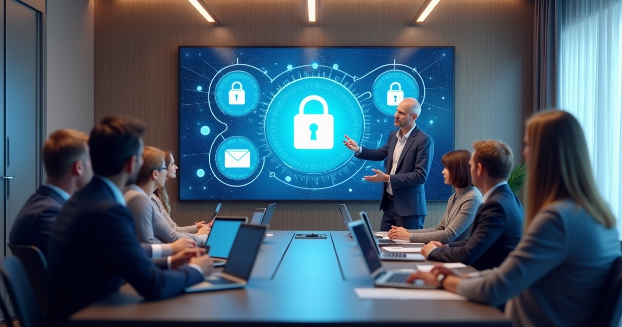 Equipe jurídica em treinamento sobre segurança digital em uma sala de reuniões 