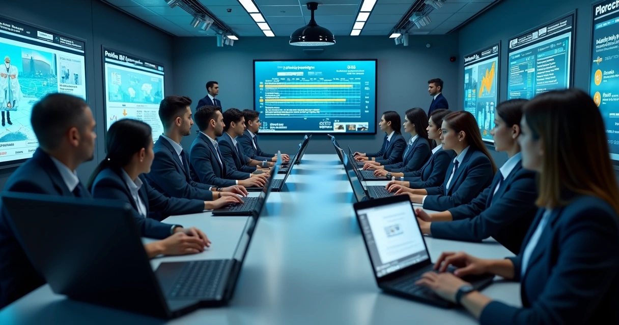 Colaboradores participando de treinamento digital em sala corporativa