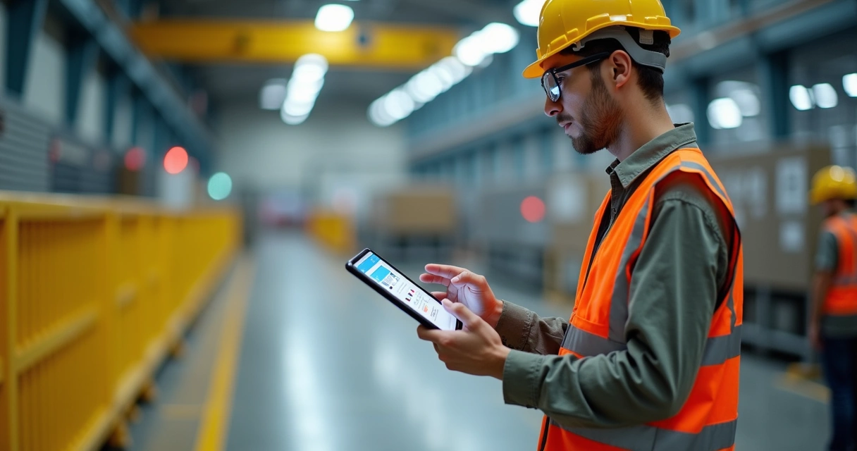 Trabalhador usa EAD de segurança do trabalho em tablet na área industrial 