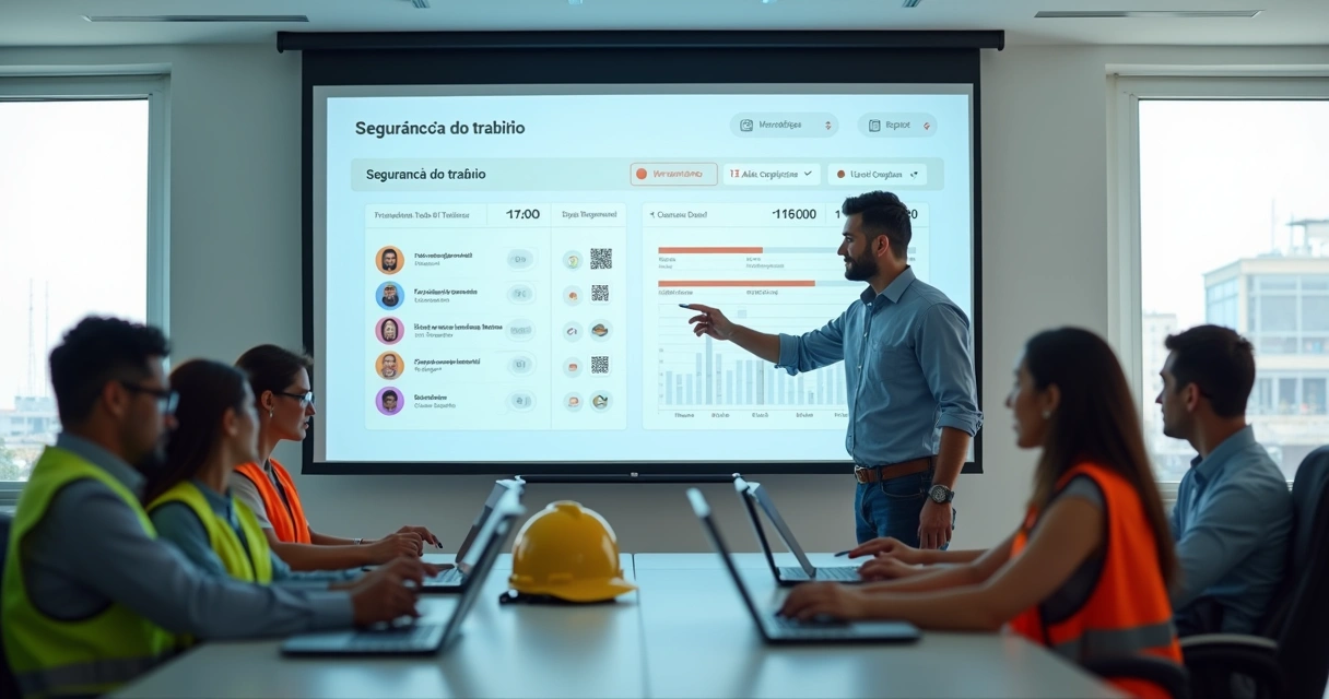 Gestor aplica treinamento de segurança do trabalho online para equipe com EPIs em sala corporativa 