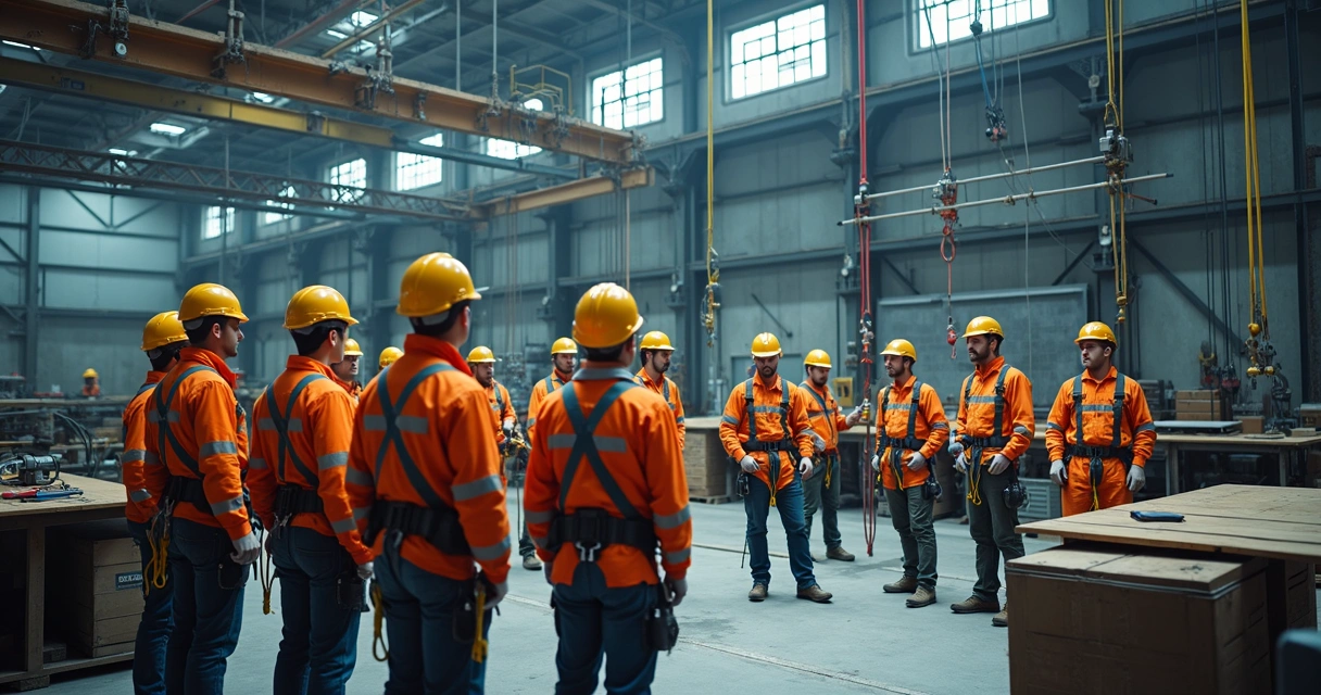 Instrutor demonstrando uso de linha de vida para alunos em centro de treinamento com equipamentos de segurança coloridos 