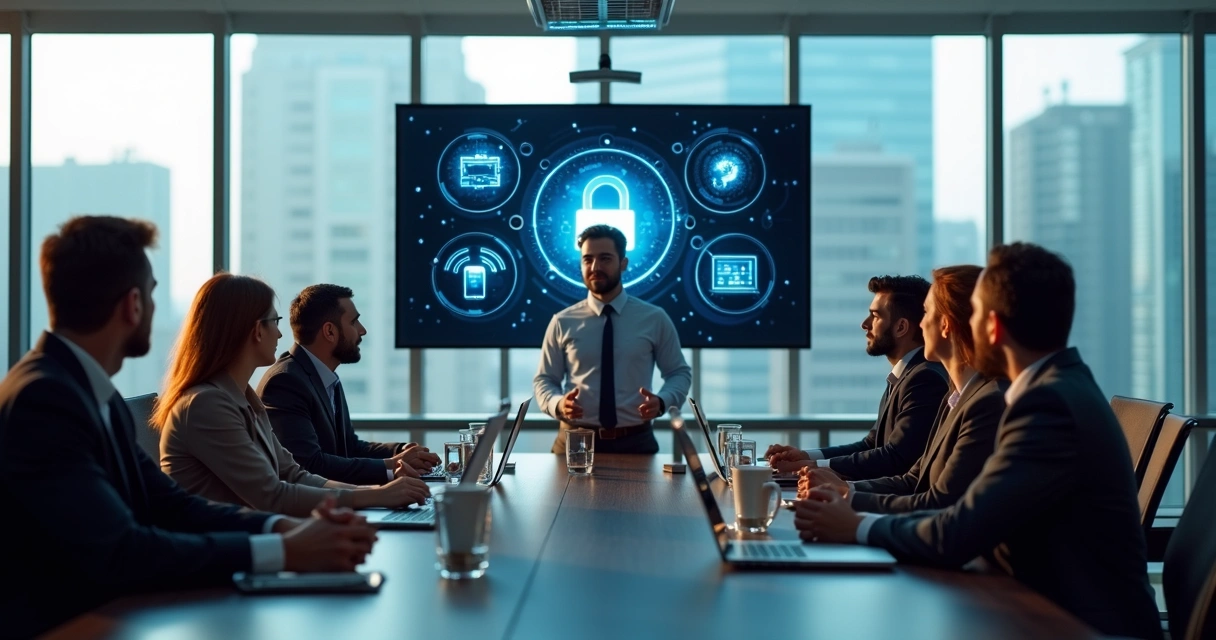 Equipe de funcionários em escritório assistindo um treinamento sobre segurança digital 