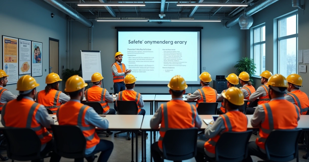 Equipe durante treinamento de segurança em ambiente empresarial