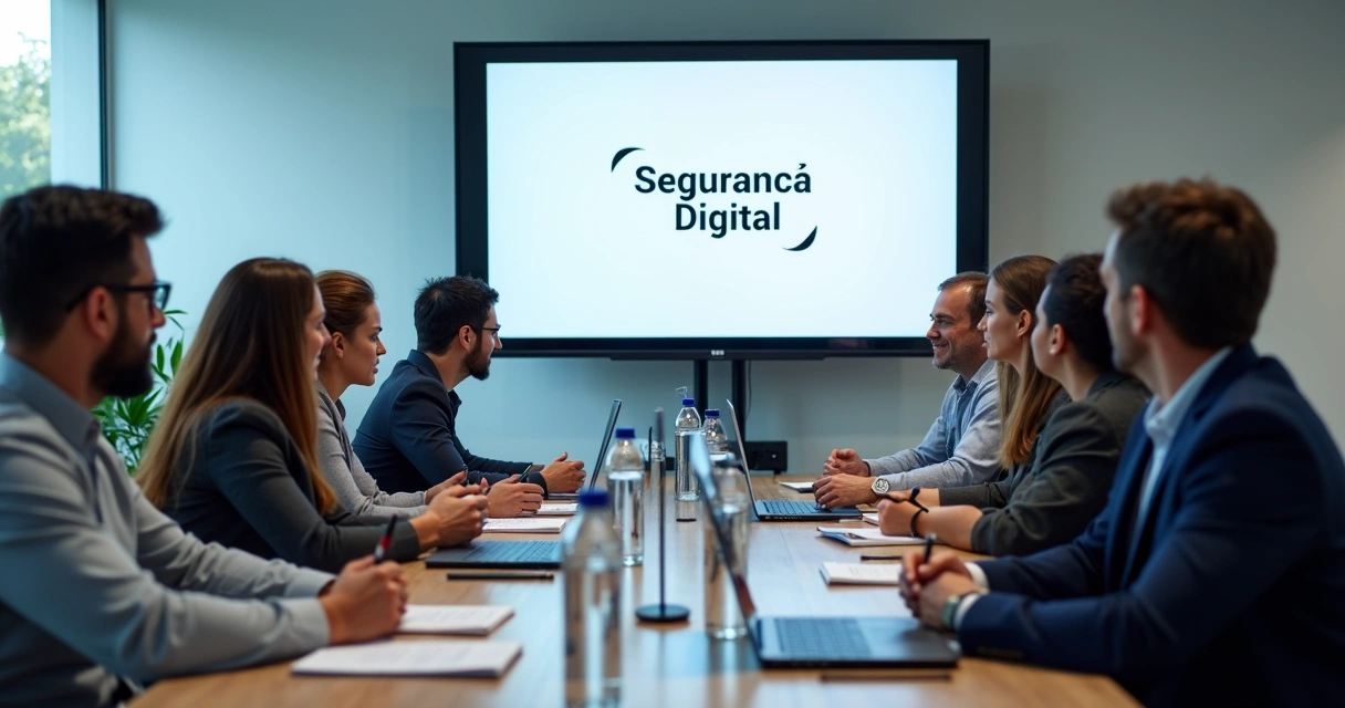 Pessoas em sala de reunião assistindo apresentação sobre segurança digital 