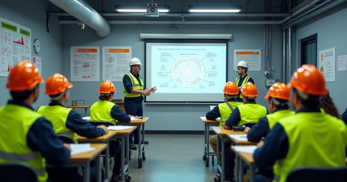 Treinamento de segurança com equipe em ambiente industrial