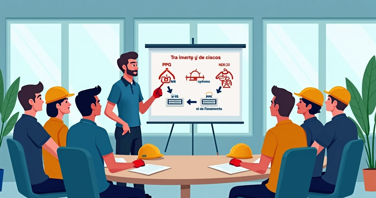 Treinamento prático de segurança com equipe em sala 