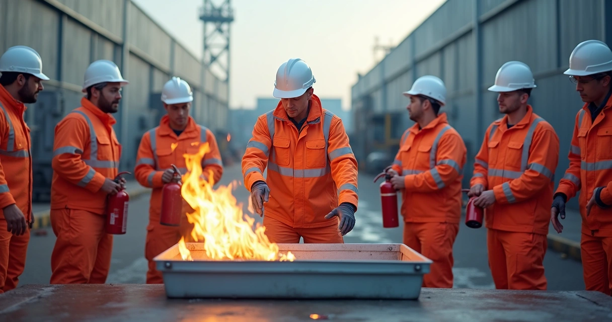 Grupo de funcionários em treinamento prático de combate a incêndio 