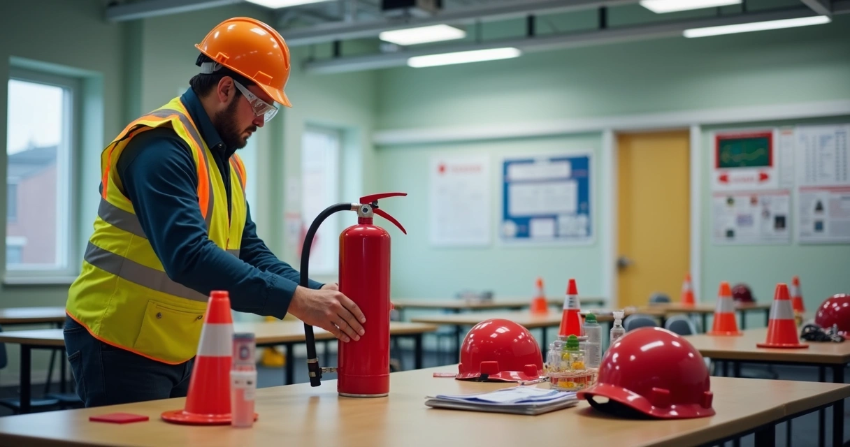 Pessoa em treinamento de prevenção a incêndio com extintor e equipamentos de segurança 