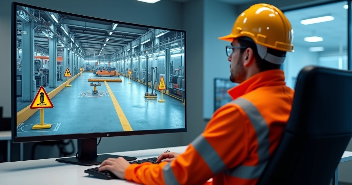 Profissional treinando em simulador virtual de segurança industrial