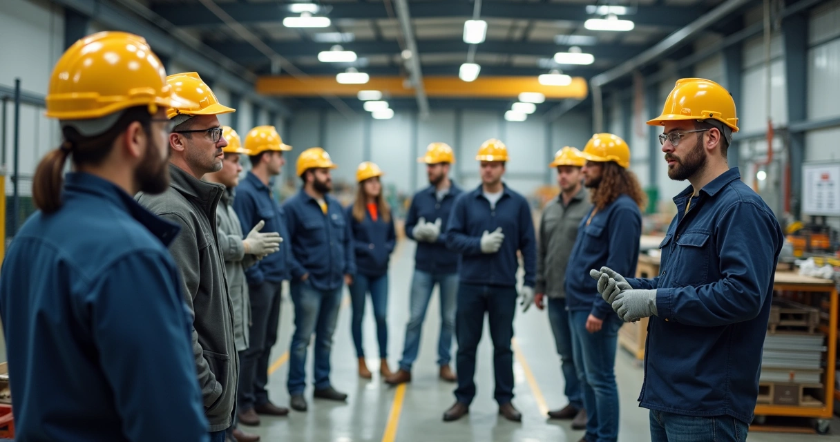 Treinamento prático de segurança com equipe industrial reunida